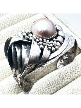 Isreal Artisan Pink Pearl Sterling Silver Cuff Bracelet 43 Grams Adjustable